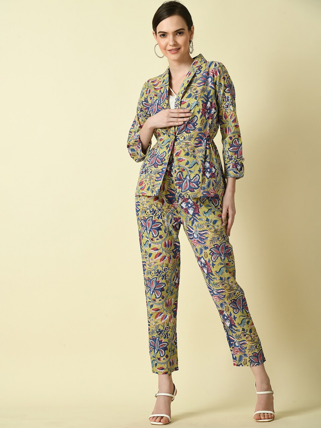 

KALINI Printed Coat With Trousers Pure Cotton Co-Ord, Green