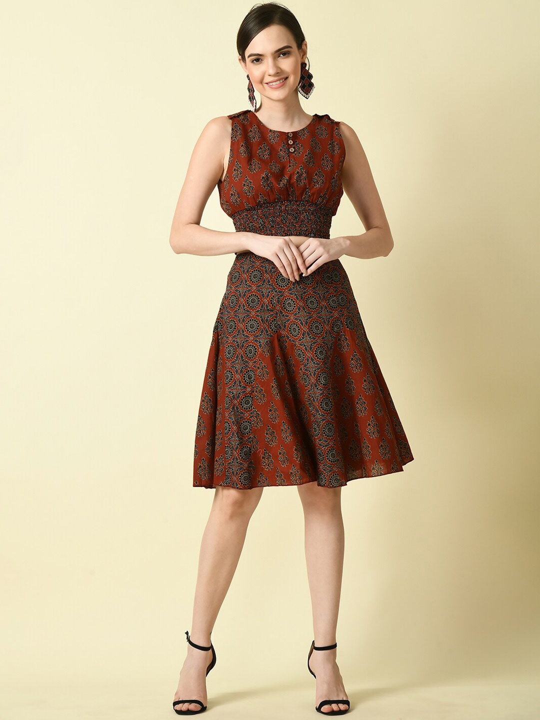 

KALINI Floral Printed Smocked Pure Cotton Top With Skirt Co-Ord, Rust