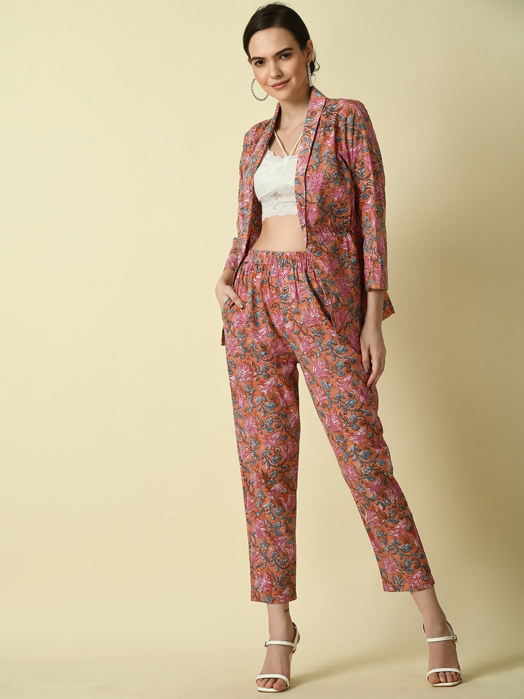 

KALINI Printed Pure Cotton Coat With Trouser, Rust