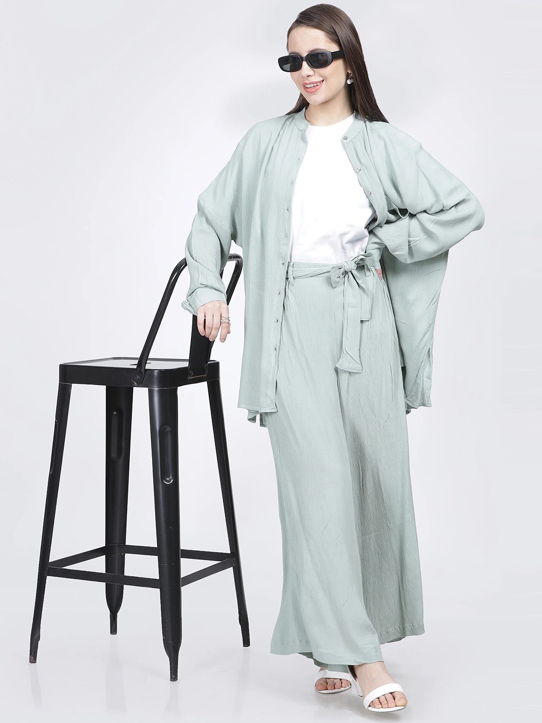 

ZERAC Mandarin Collar Shirt & Palazzos Co-Ords Set, Blue