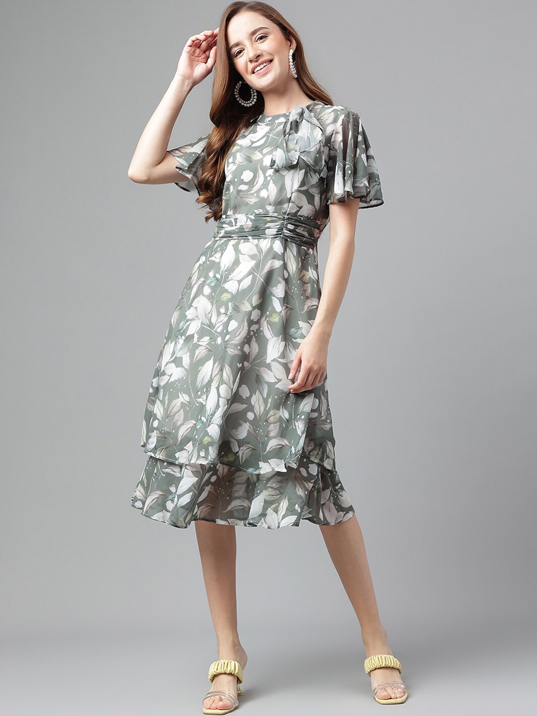 

Latin Quarters Floral Printed Flared Sleeve Fit & Flare Dress, Green