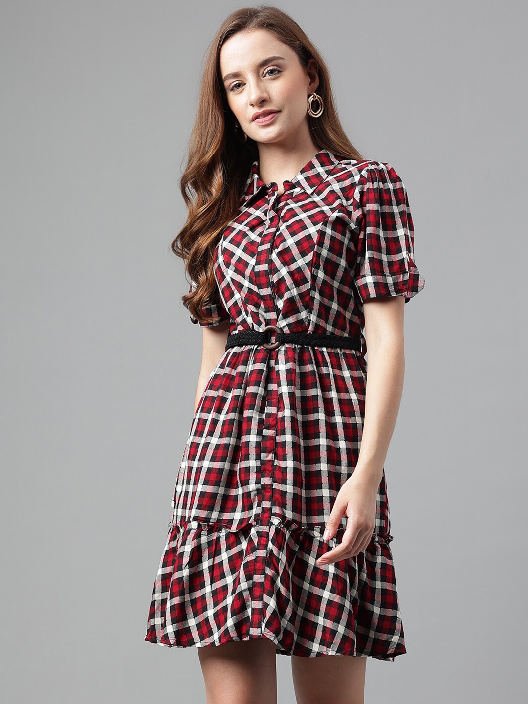 

Latin Quarters Checked Shirt Collar Belted A-Line Dress, Red