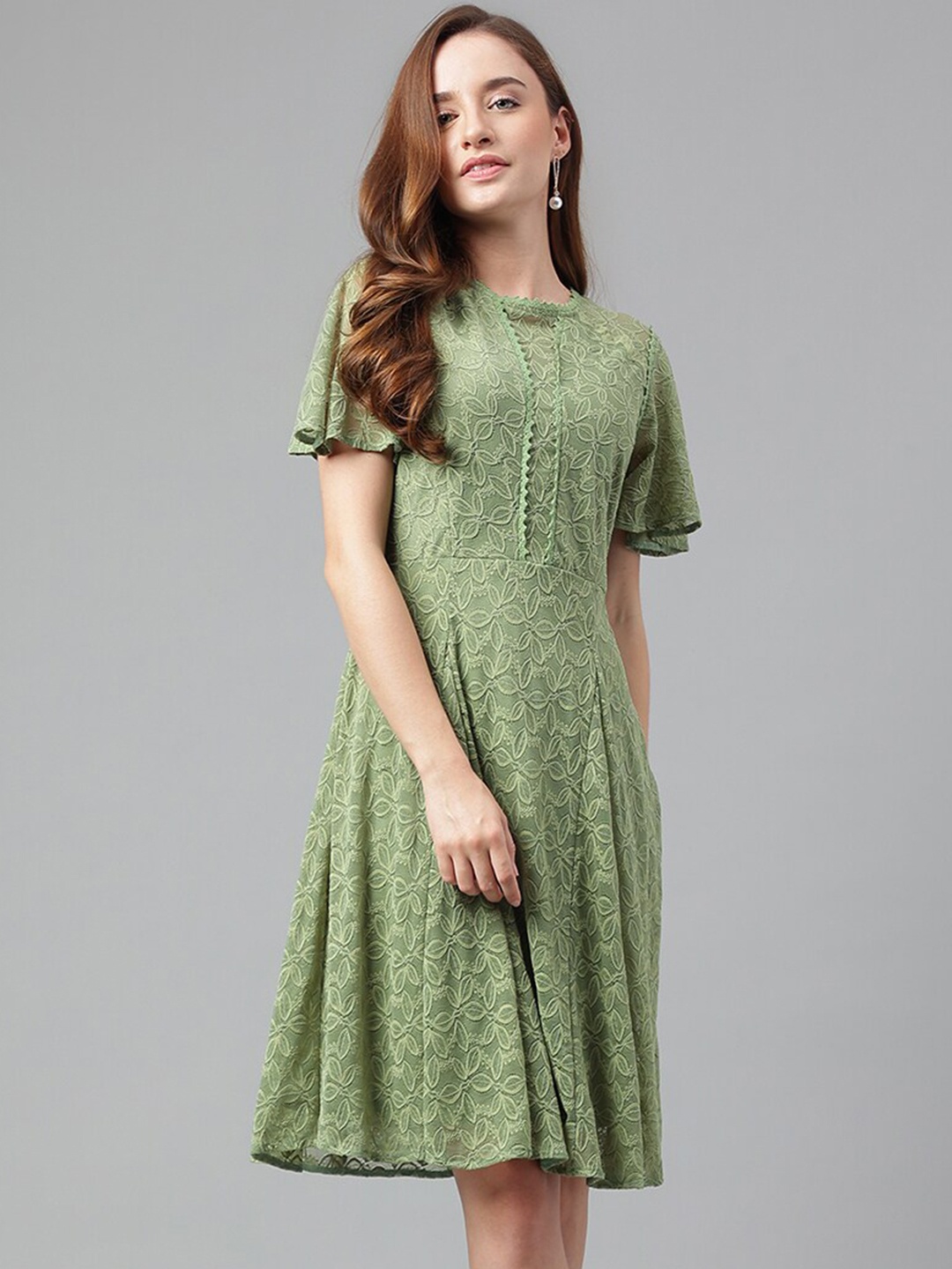 

Latin Quarters Self Designed Flared Sleeves A-Line Dress, Green
