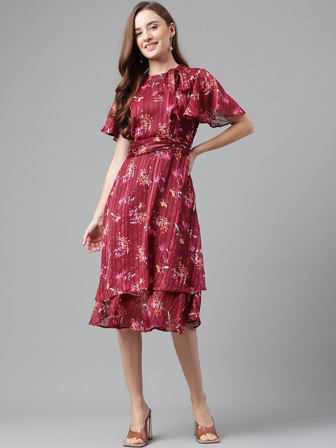 

Latin Quarters Floral Print Flared Sleeve Belted Fit & Flare Dress, Maroon