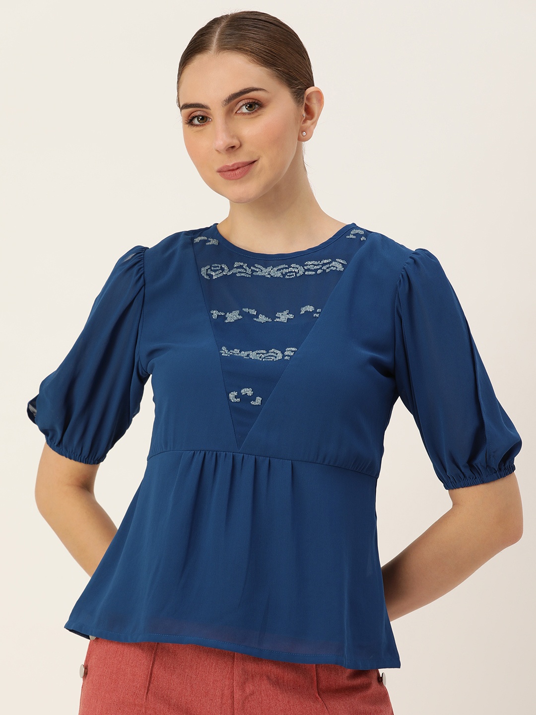 

AND Sequined Puff Sleeve A-Line Top, Blue