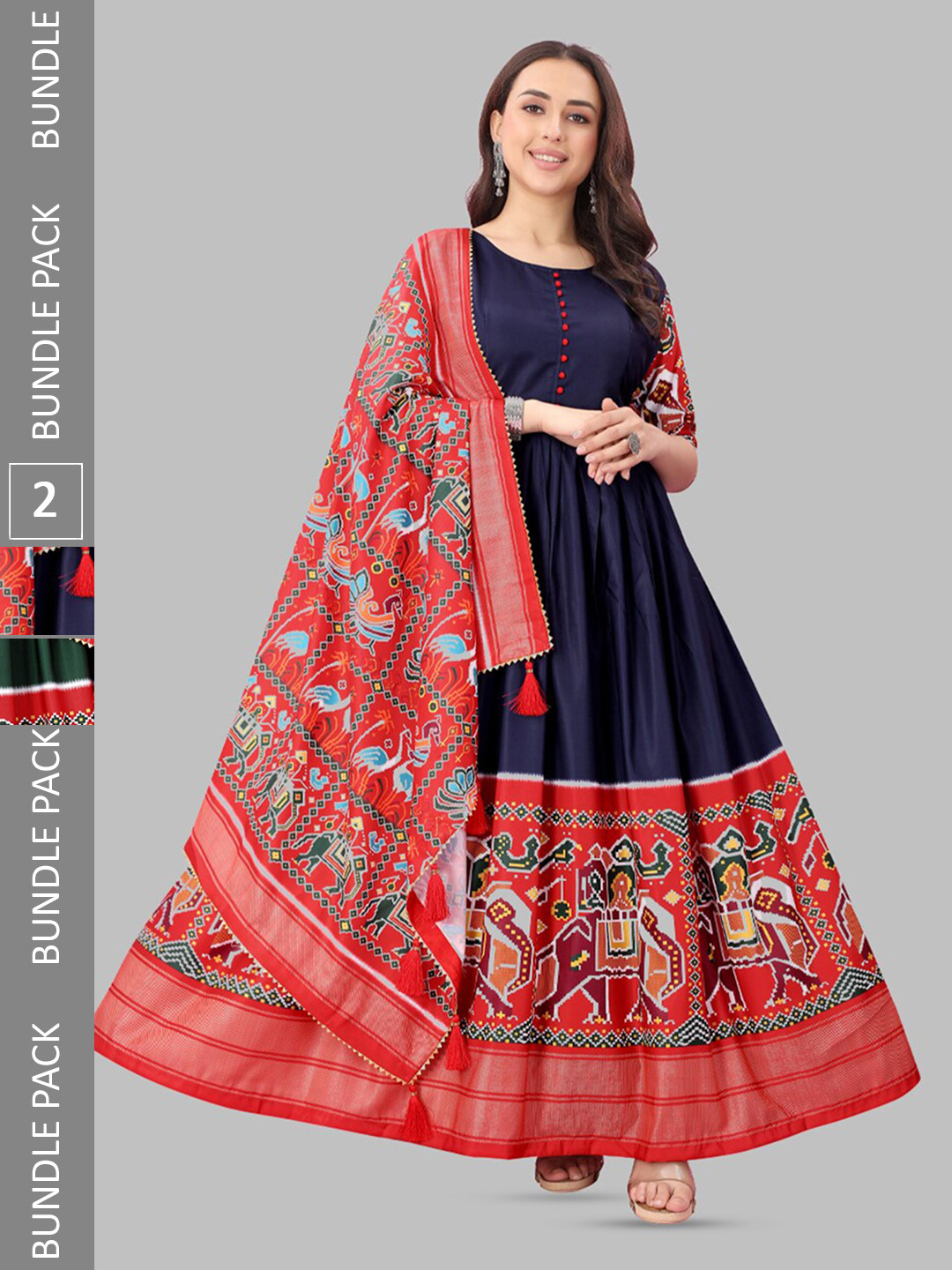 

N N ENTERPRISE Selection Of 2 Patola Printed Maxi Ethnic Gown With Dupatta, Blue
