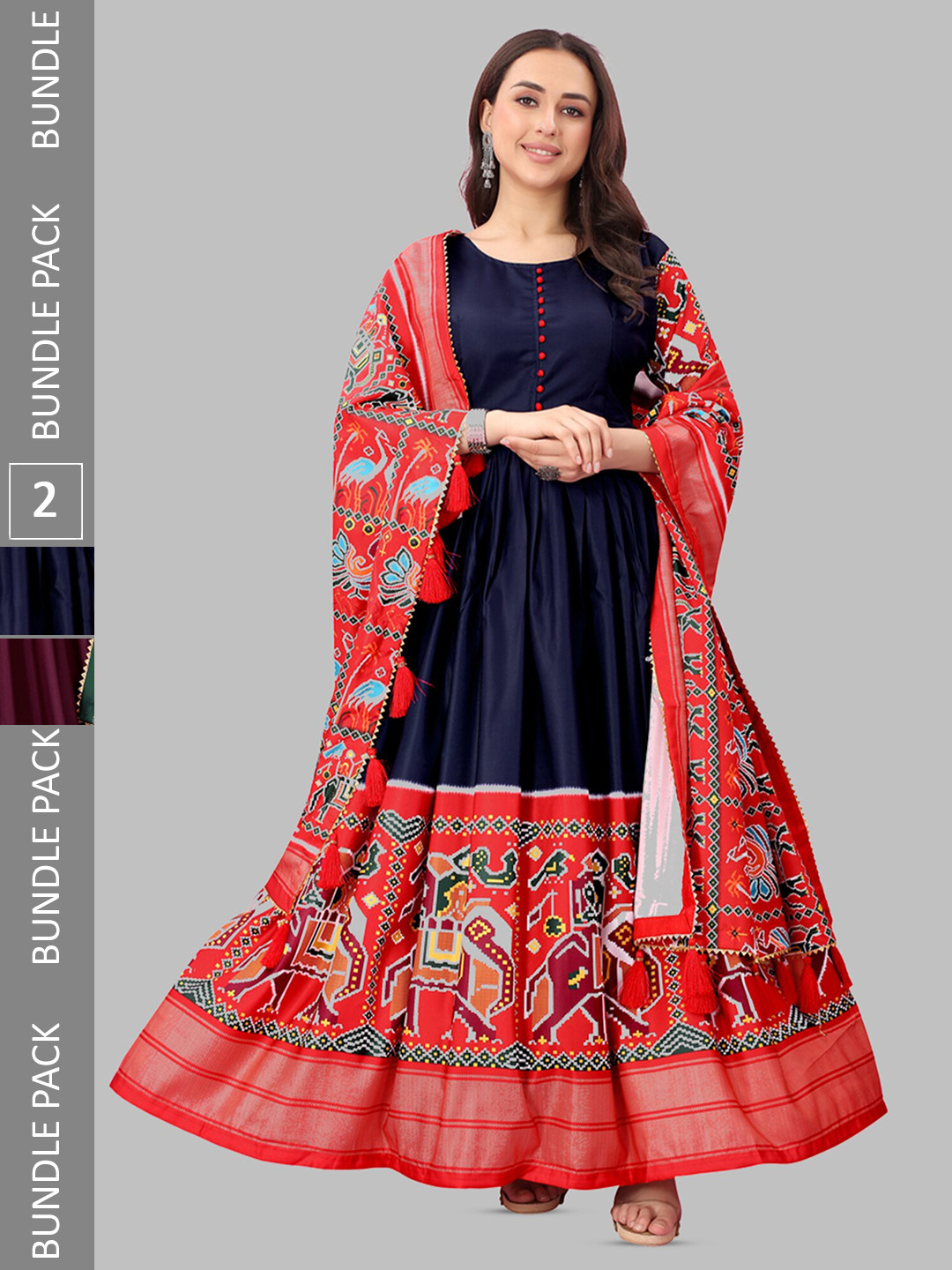 

N N ENTERPRISE Selection Of 2 Patola Printed Maxi Ethnic Gown With Dupatta, Blue