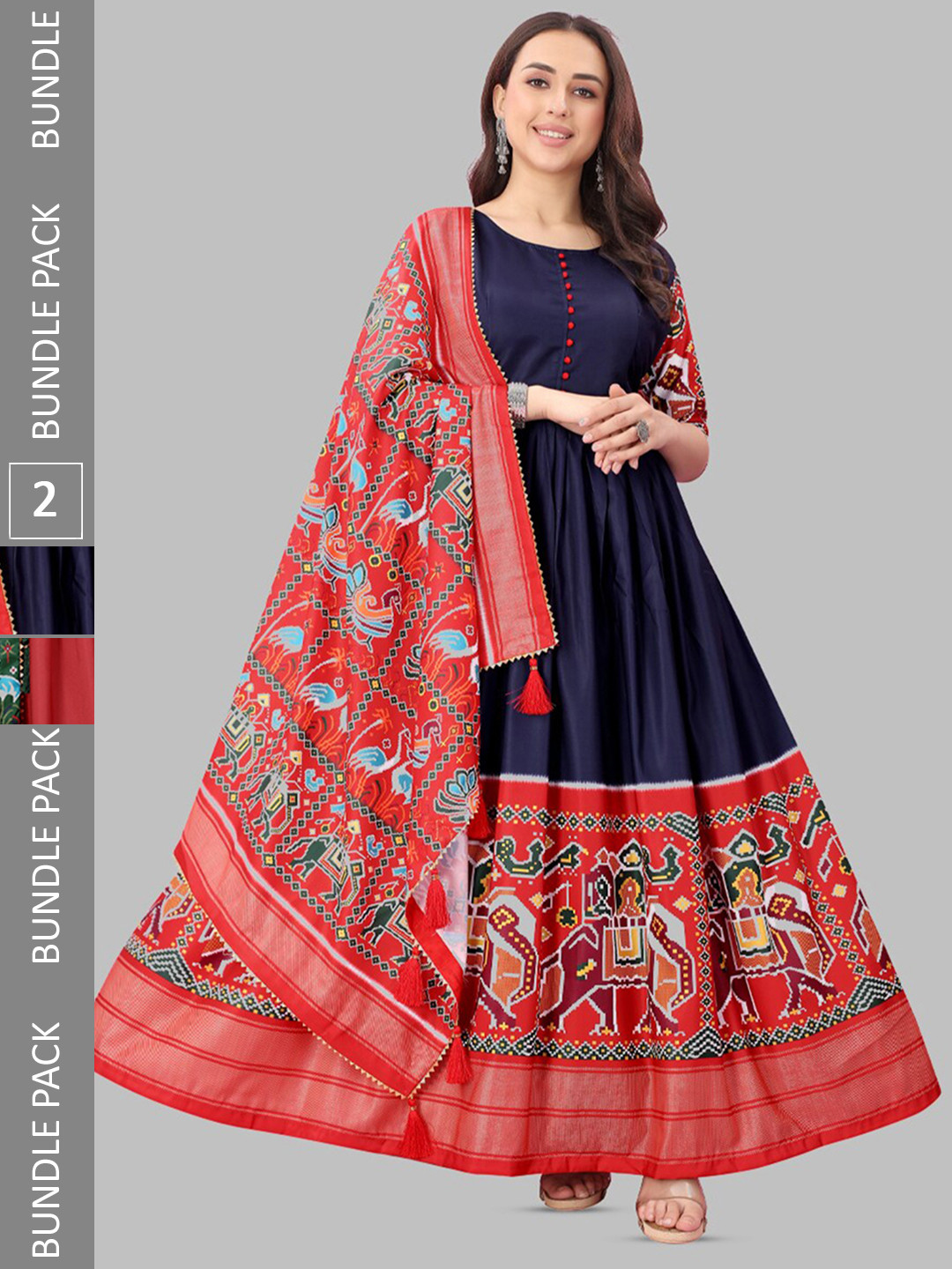 

N N ENTERPRISE Selection Of 2 Patola Printed Maxi Ethnic Gown With Dupatta, Blue