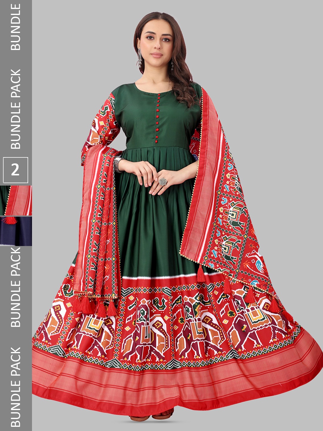 

N N ENTERPRISE Selection Of 2 Printed Maxi Ethnic Dresses With Dupatta, Green