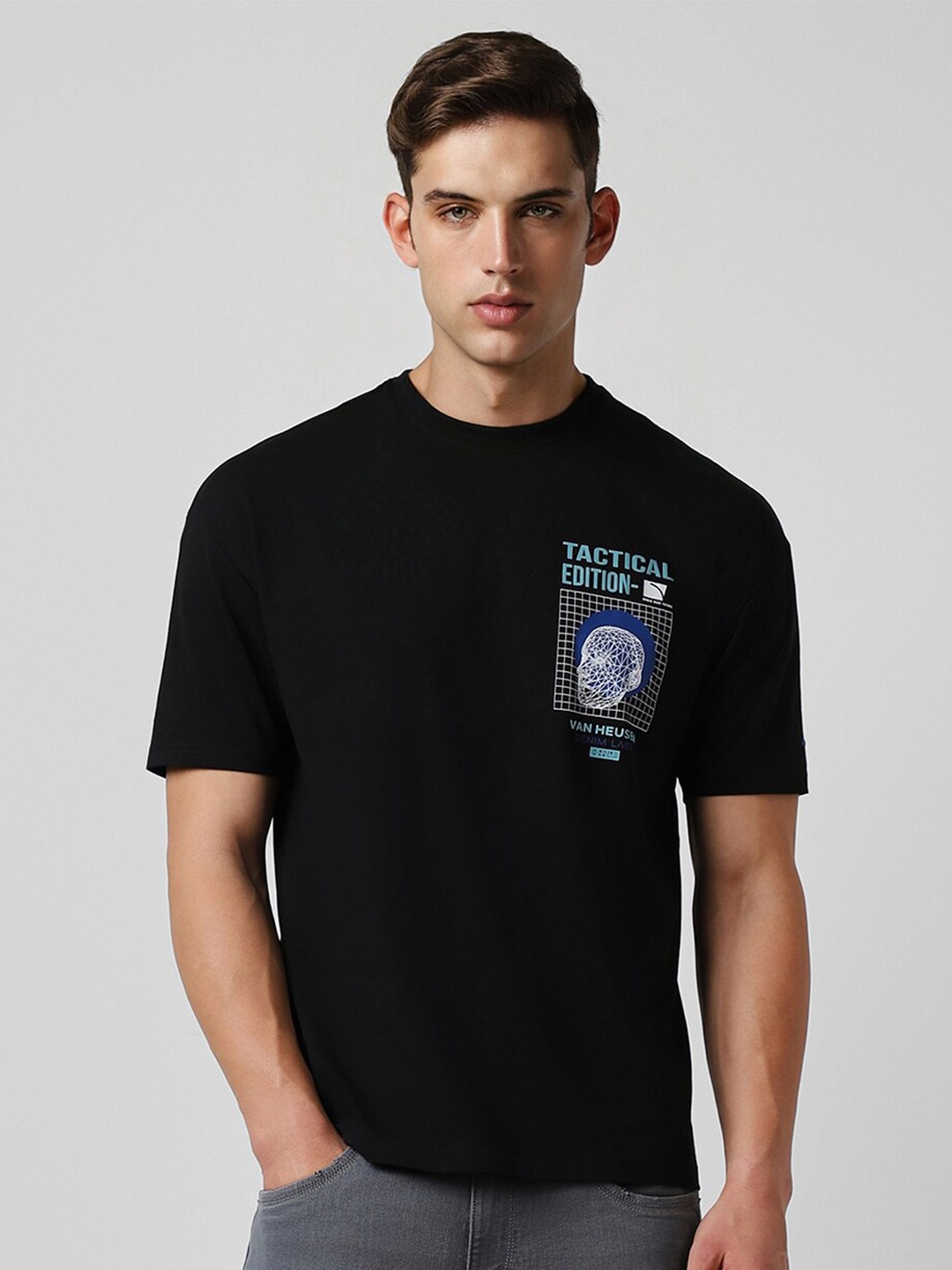 

VAN HEUSEN DENIM LABS Graphic Printed Round Neck Casual T-shirt, Black