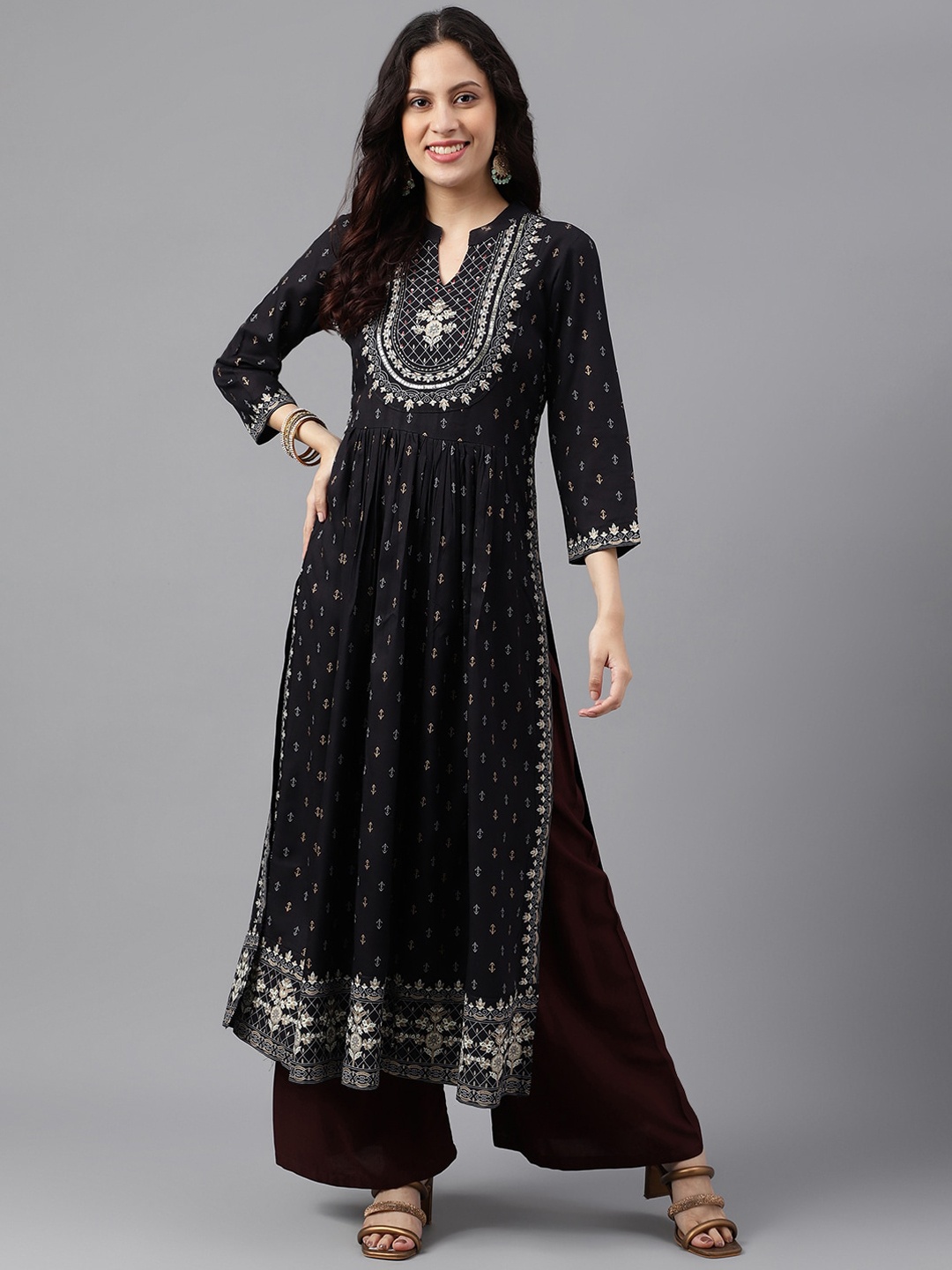 

SAABHI Geometric Printed Thread Work Pleated A-Line Kurta, Black