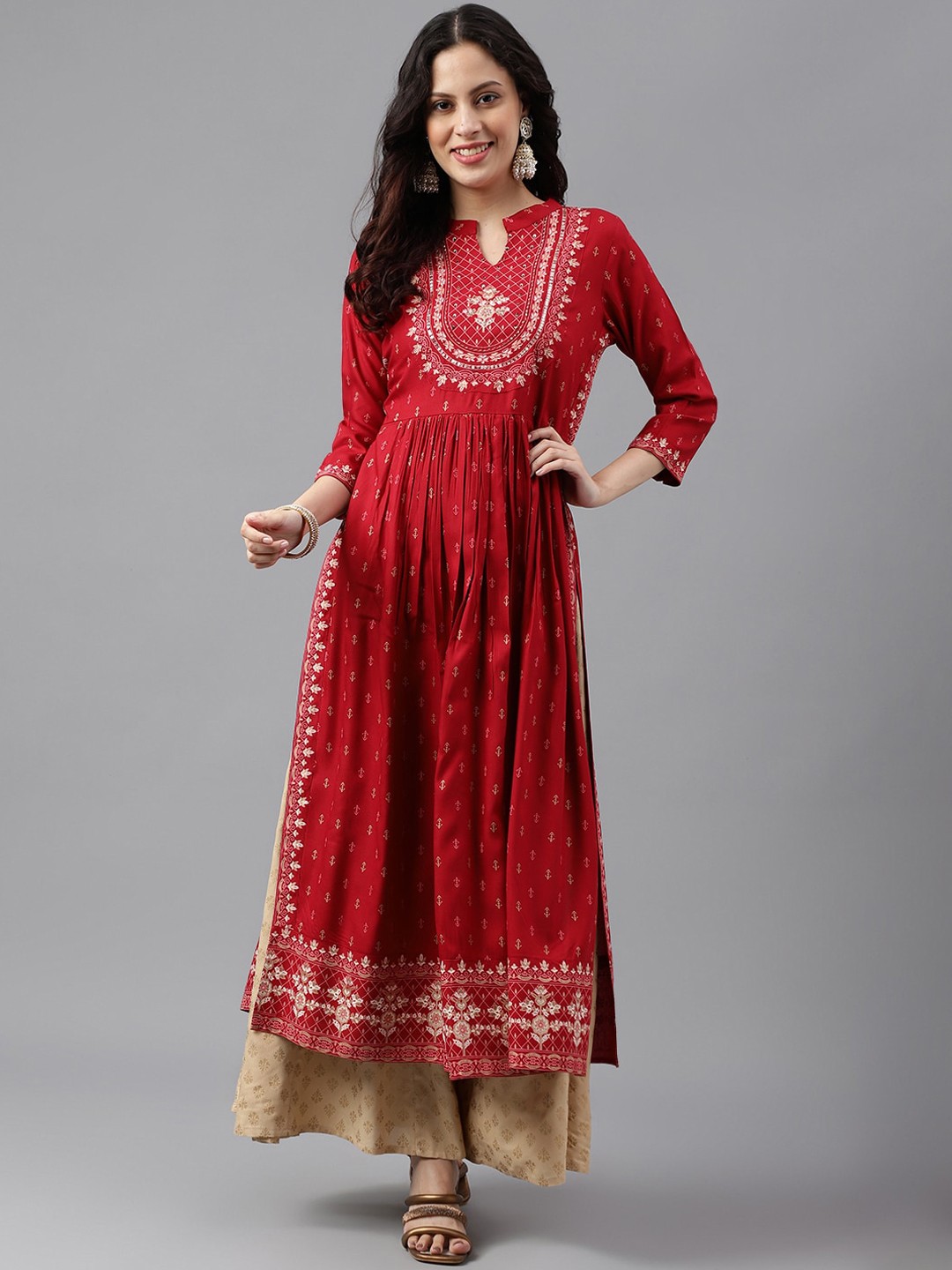 

SAABHI Geometric Printed Thread Work Pleated A-Line Kurta, Red