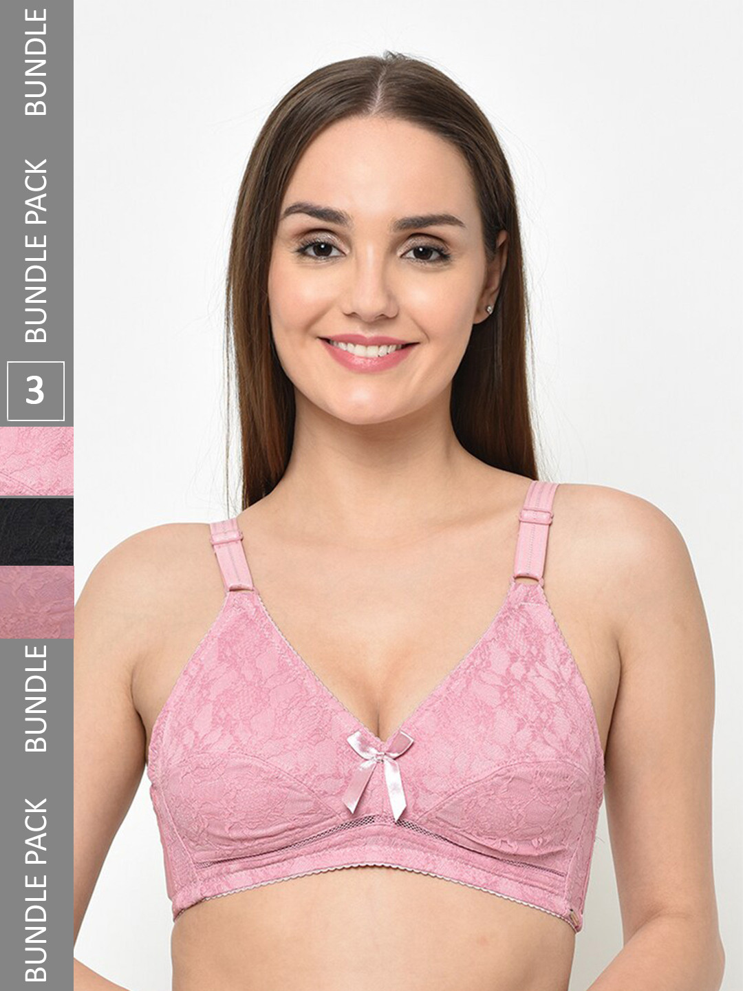 

Curvy Love Pack Of 3 Self Design Full Coverage Everyday Bra With All Day Comfort, Pink