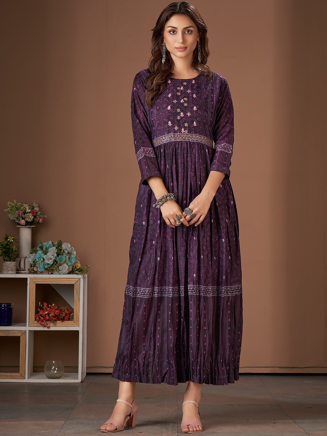 

HERE&NOW Ethnic Motifs Printed Gathered Fit & Flare Ethnic Dress, Purple