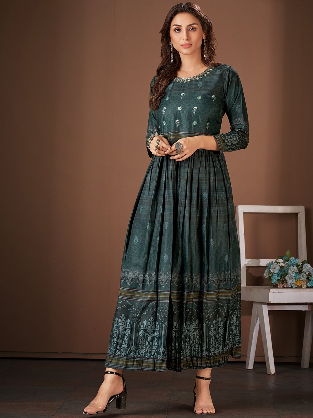 

HERE&NOW Ethnic Motifs Printed Gathered Fit & Flare Ethnic Dress, Olive