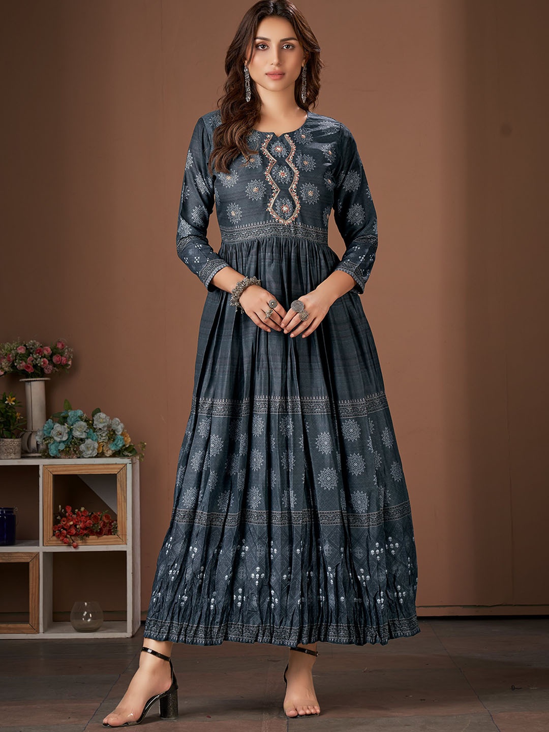 

HERE&NOW Ethnic Motifs Printed Gathered Fit & Flare Ethnic Dress, Blue