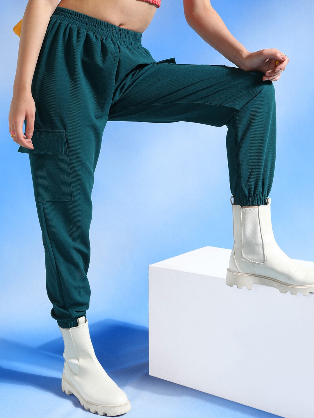 

Popwings Women Smart Loose Fit High Rise Easy Wash Joggers, Teal