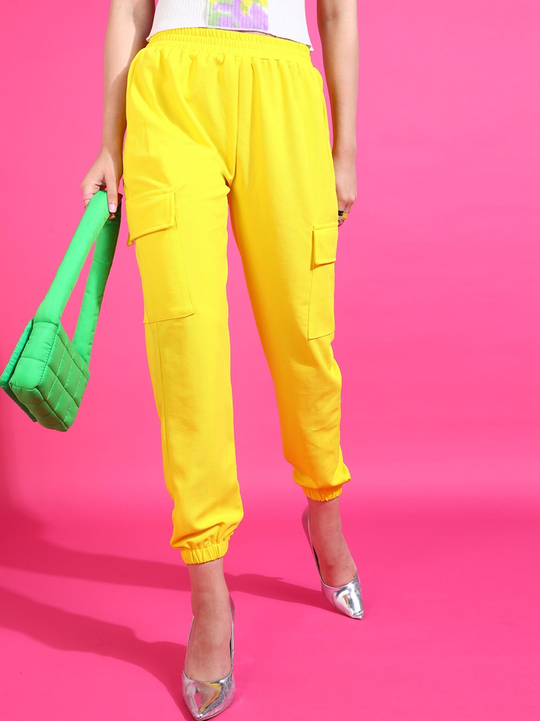 

Popwings Women Smart Loose Fit High Rise Easy Wash Joggers, Yellow