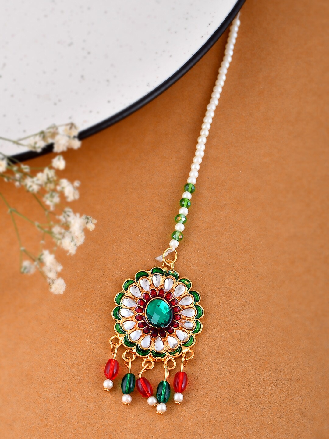 

Silvermerc Designs Gold-Plated Meenakari Kundan-Studded & Beadded Maang Tikka