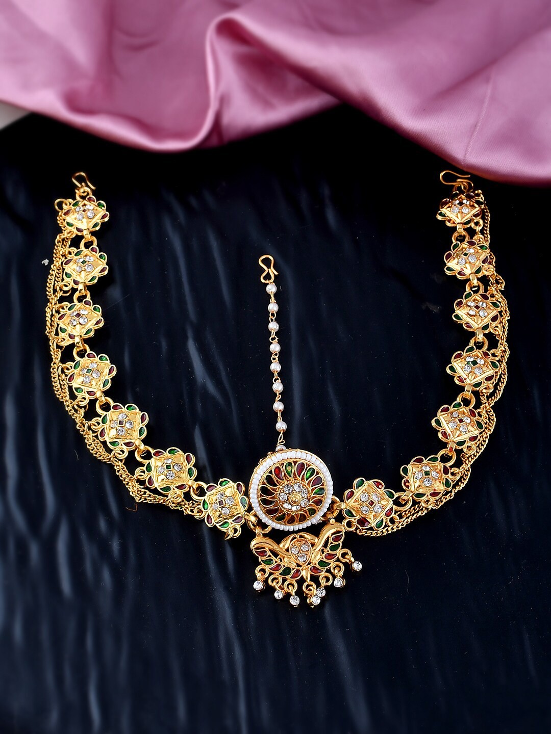 

Silvermerc Designs Gold-Plated Stone-Studded Meenakari Matha Patti