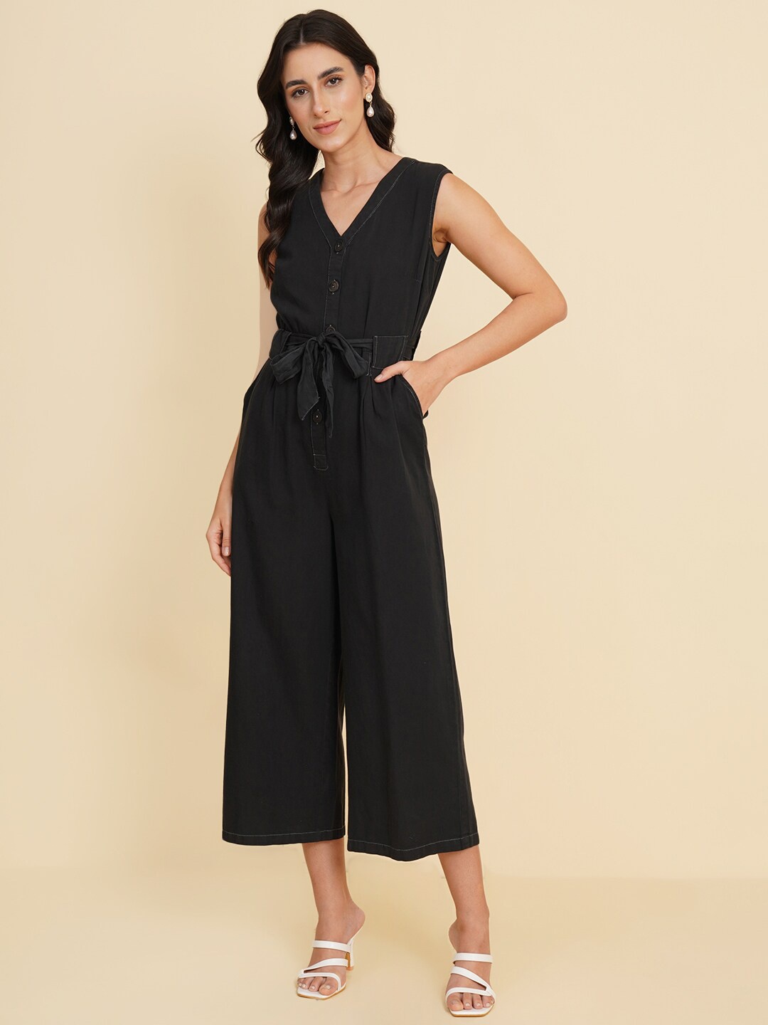 

HOUSE OF KKARMA V-Neck Tie Ups Culotte Jumpsuit, Black