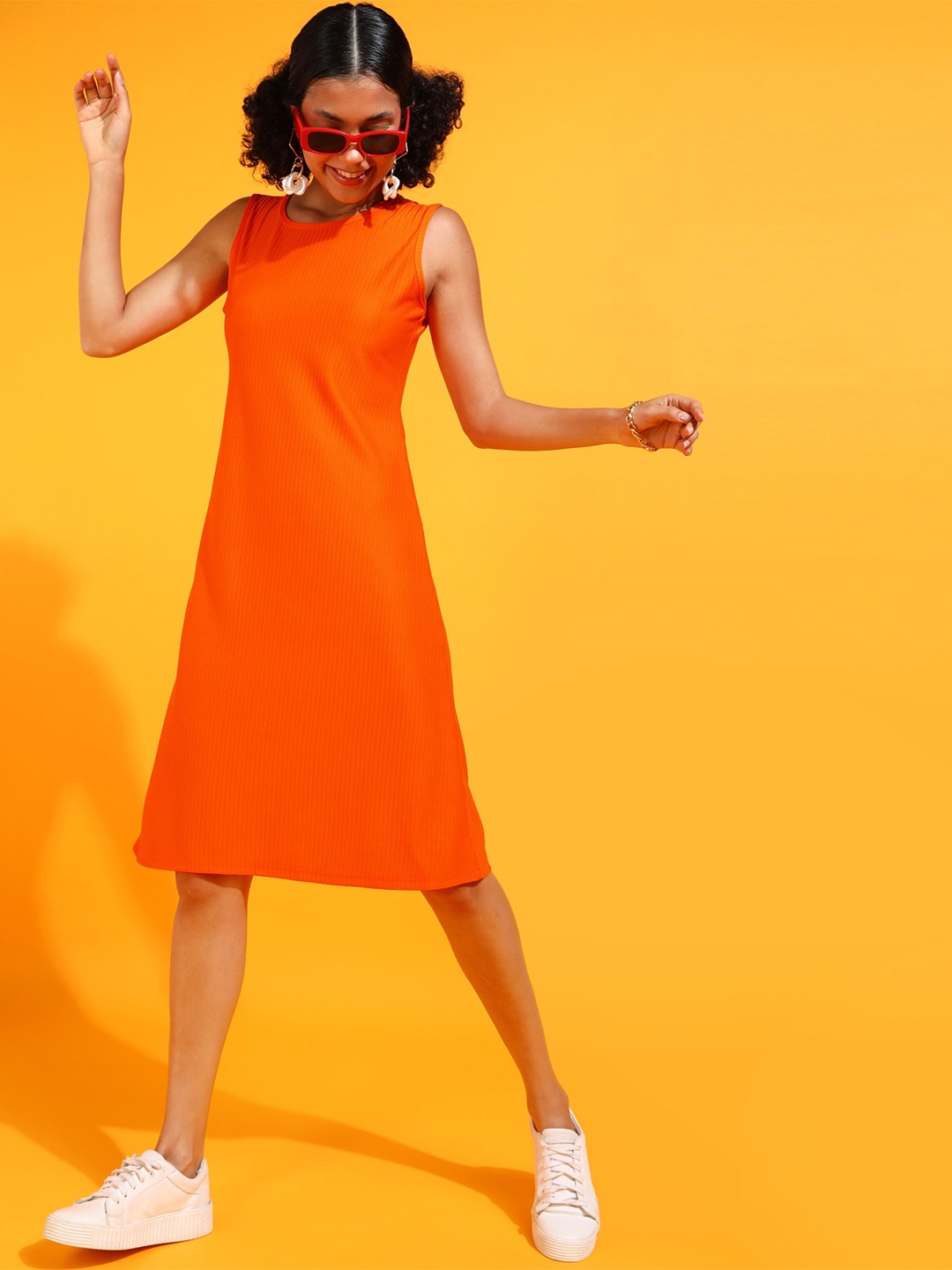 

Popwings Round Neck Knitted A-Line Dress, Orange