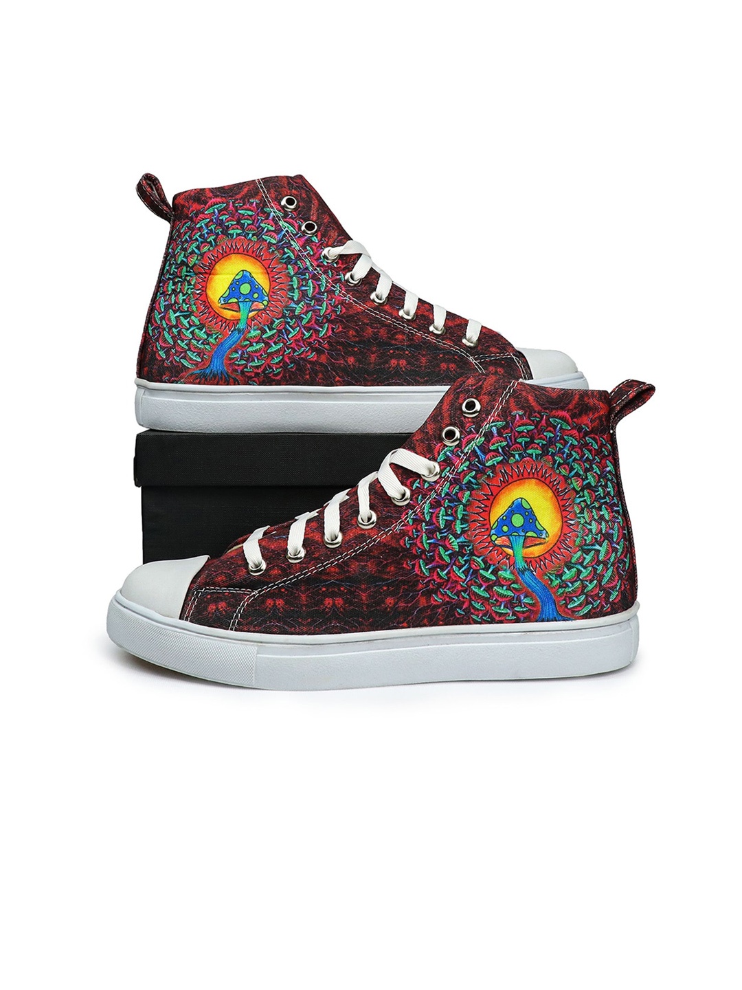 

KobSook Men Printed Lace-Up High-Top Canvas Sneakers, Red