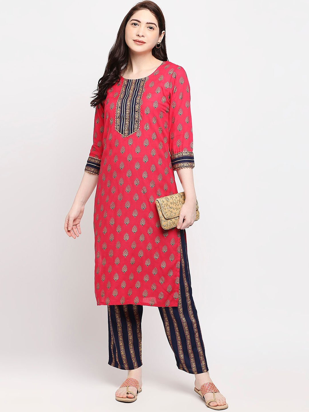 

ZRI Ethnic Motifs Printed Gotta Patti Straight Kurta With Trousers, Pink