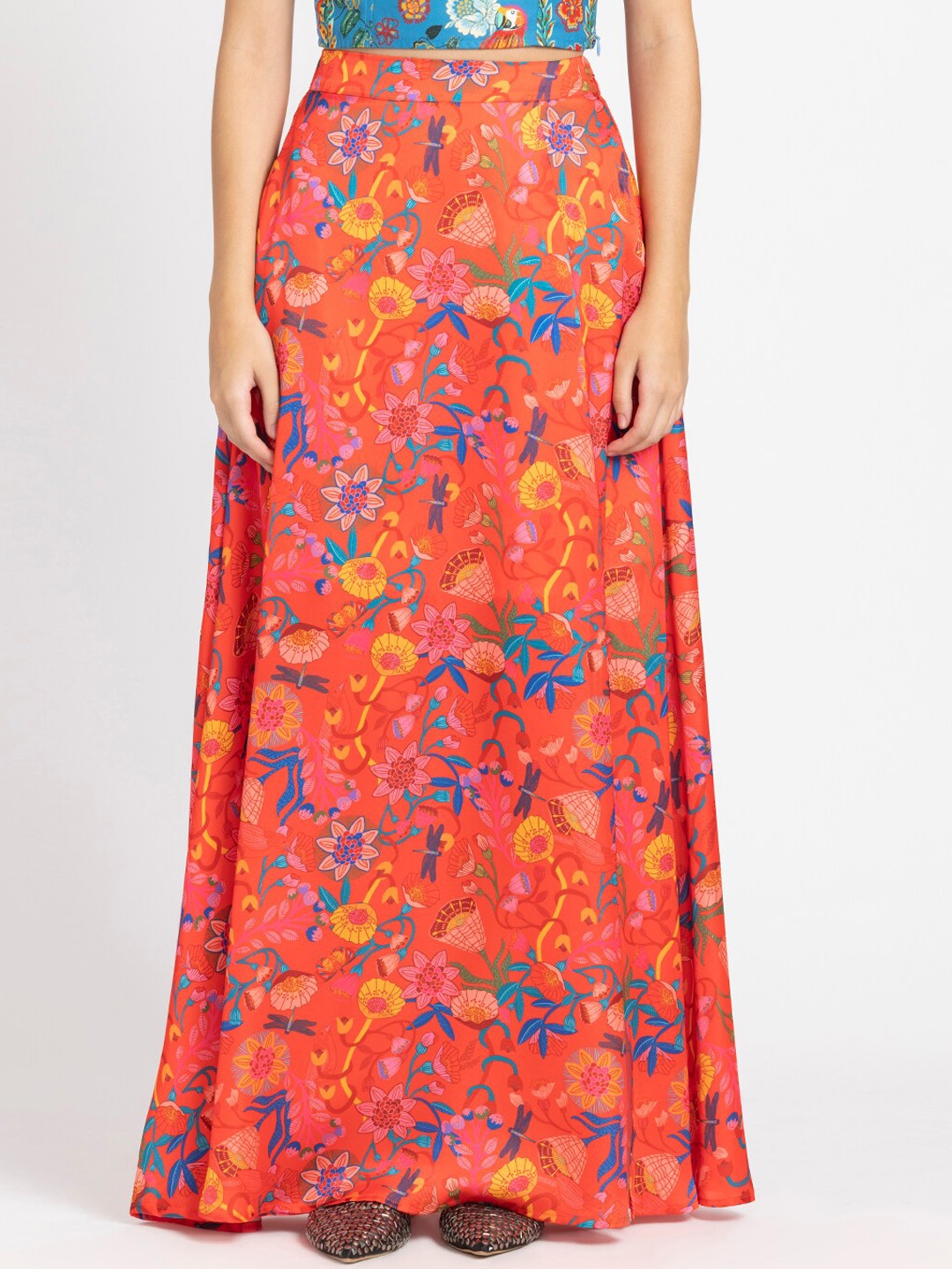 

SHAYE Floral Printed Flared Maxi Skirt, Orange