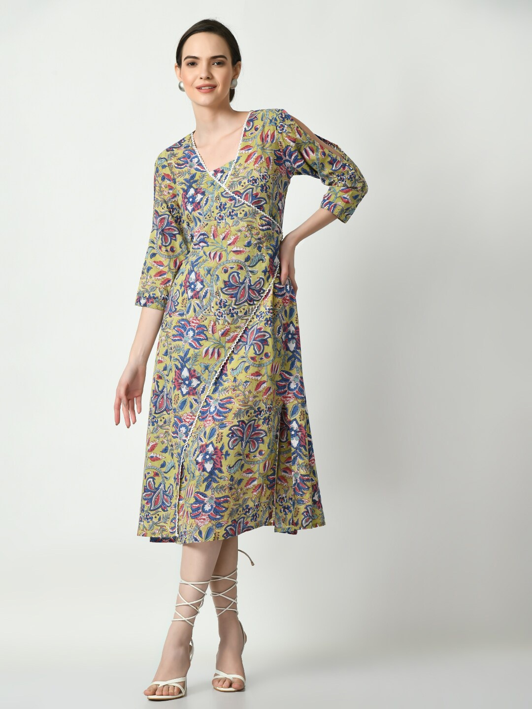 

KALINI Floral Printed V-Neck Cotton A-Line Midi Dress, Blue