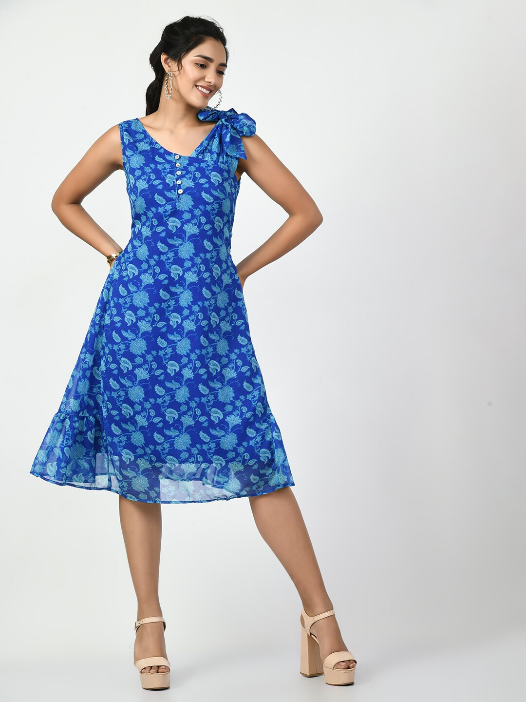 KALINI Floral Printed Tie-Up Detailed Georgette A-Line Dress, Blue