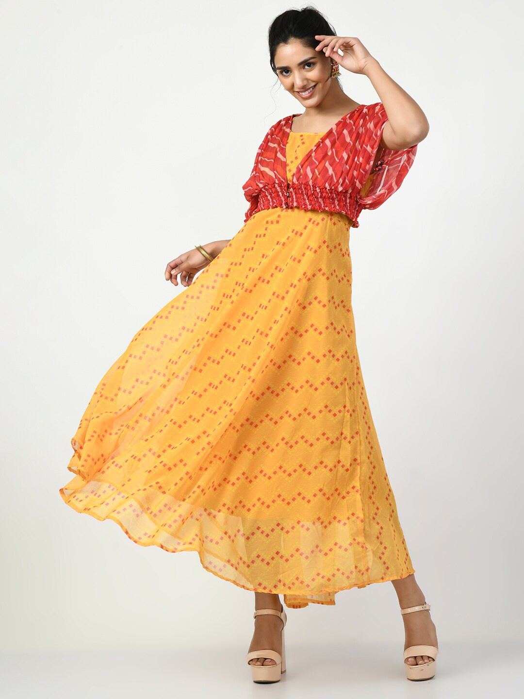 

KALINI Ethnic Motifs Printed Extended Sleeves Georgette Maxi Dress, Yellow