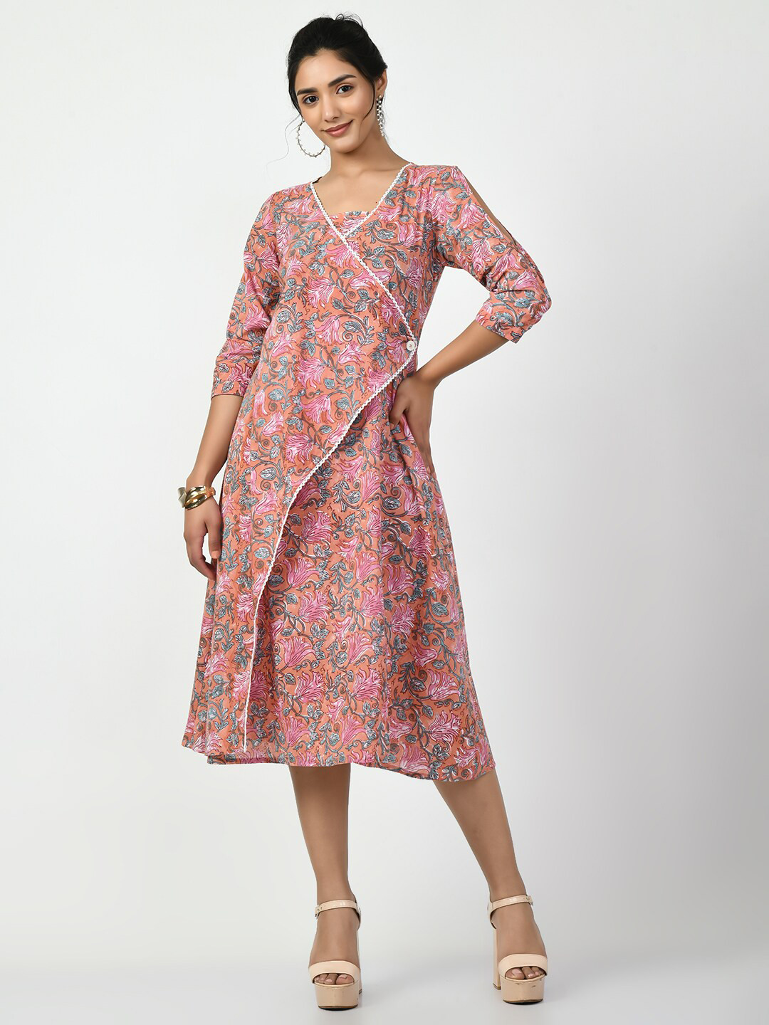 

KALINI Floral Printed V-Neck Cotton A-Line Wrap Dress, Peach