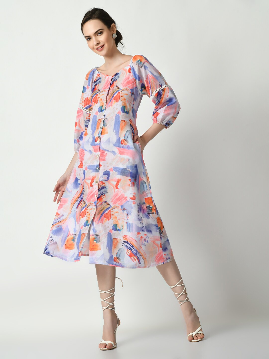 

KALINI Abstract Printed Puff Sleeves Shirt Style Dress, White