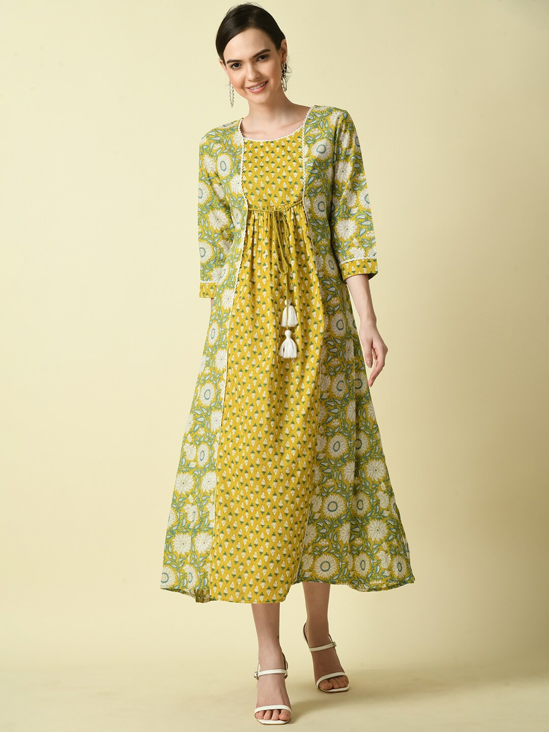 

KALINI Floral Printed Round Neck Cotton A-Line Ethnic Dress, Yellow