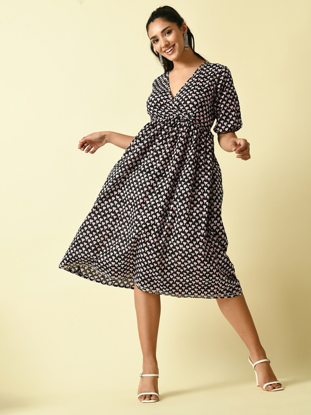

KALINI Conversational Printed V-Neck Puff Sleeve Cotton Empire Midi Dress, Black