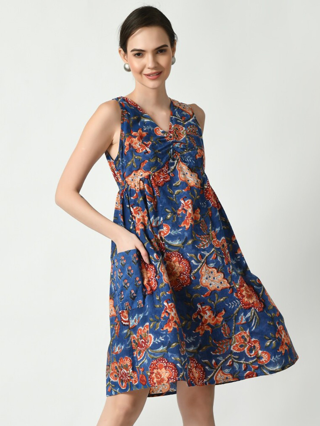 

KALINI Floral Printed V- Neck Cotton A-Line Dress, Blue