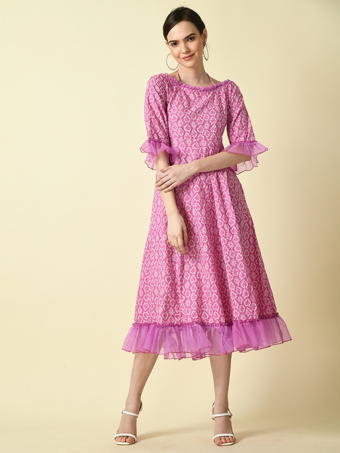 

KALINI Floral Printed Bell Sleeve Ruffled Cotton Midi Dress, Pink