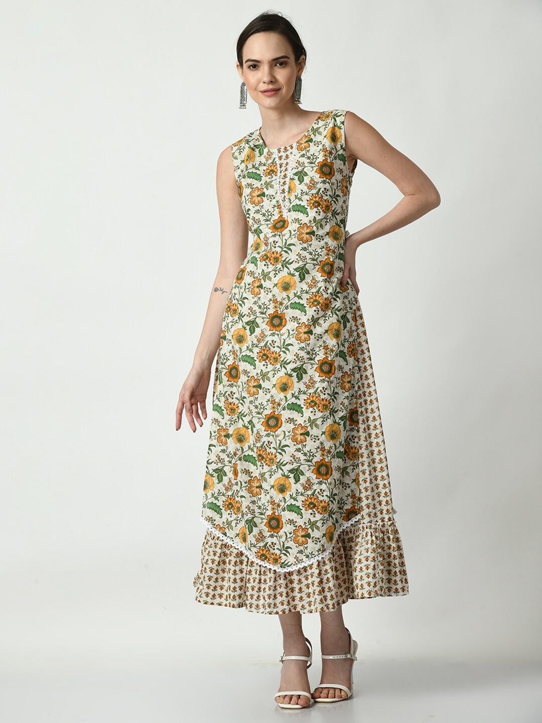 

KALINI Floral Printed Round Neck Cotton Layered A-Line Dress, Off white