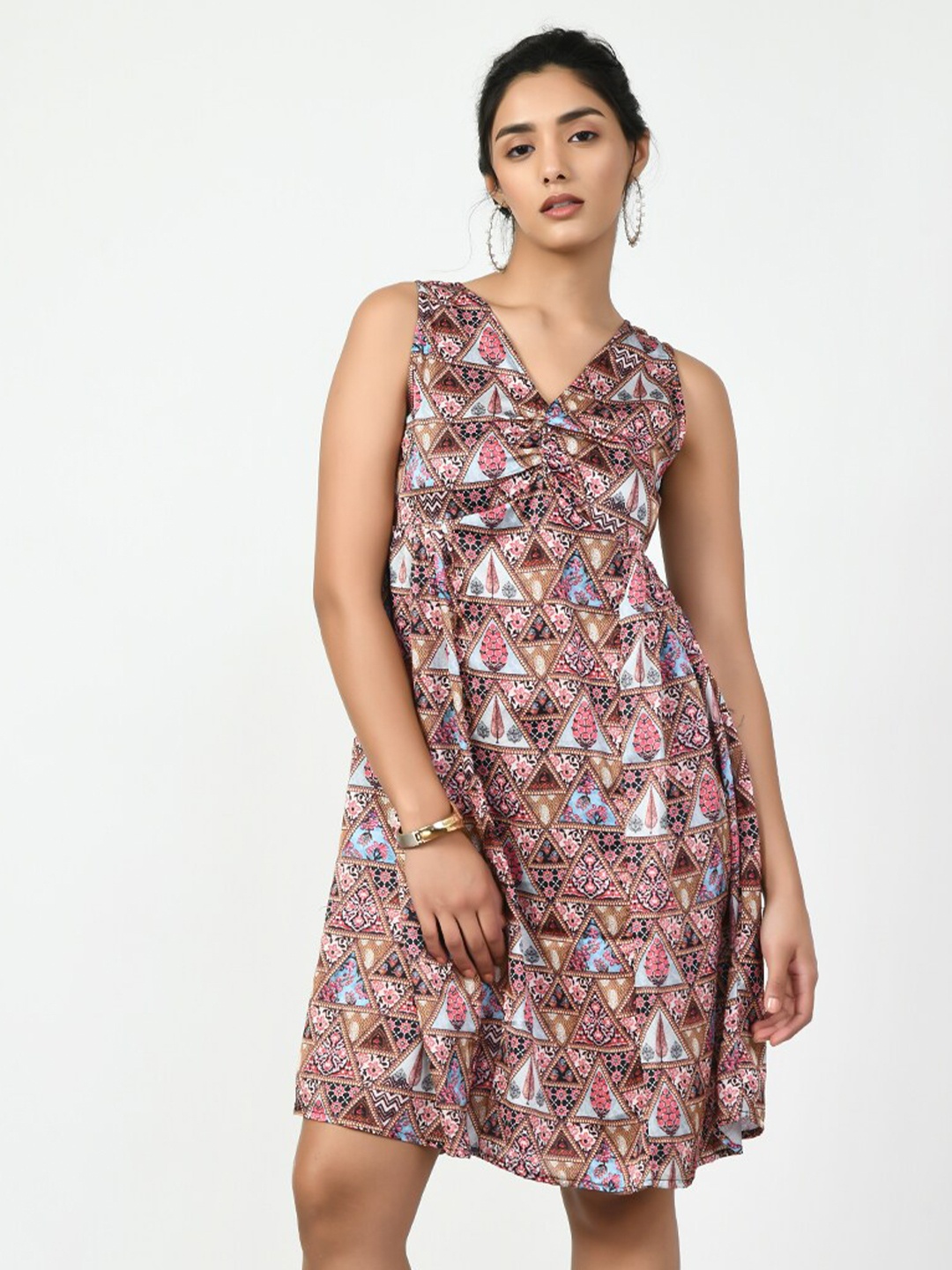 

KALINI Geometric Printed V-Neck A-Line Dress, Brown