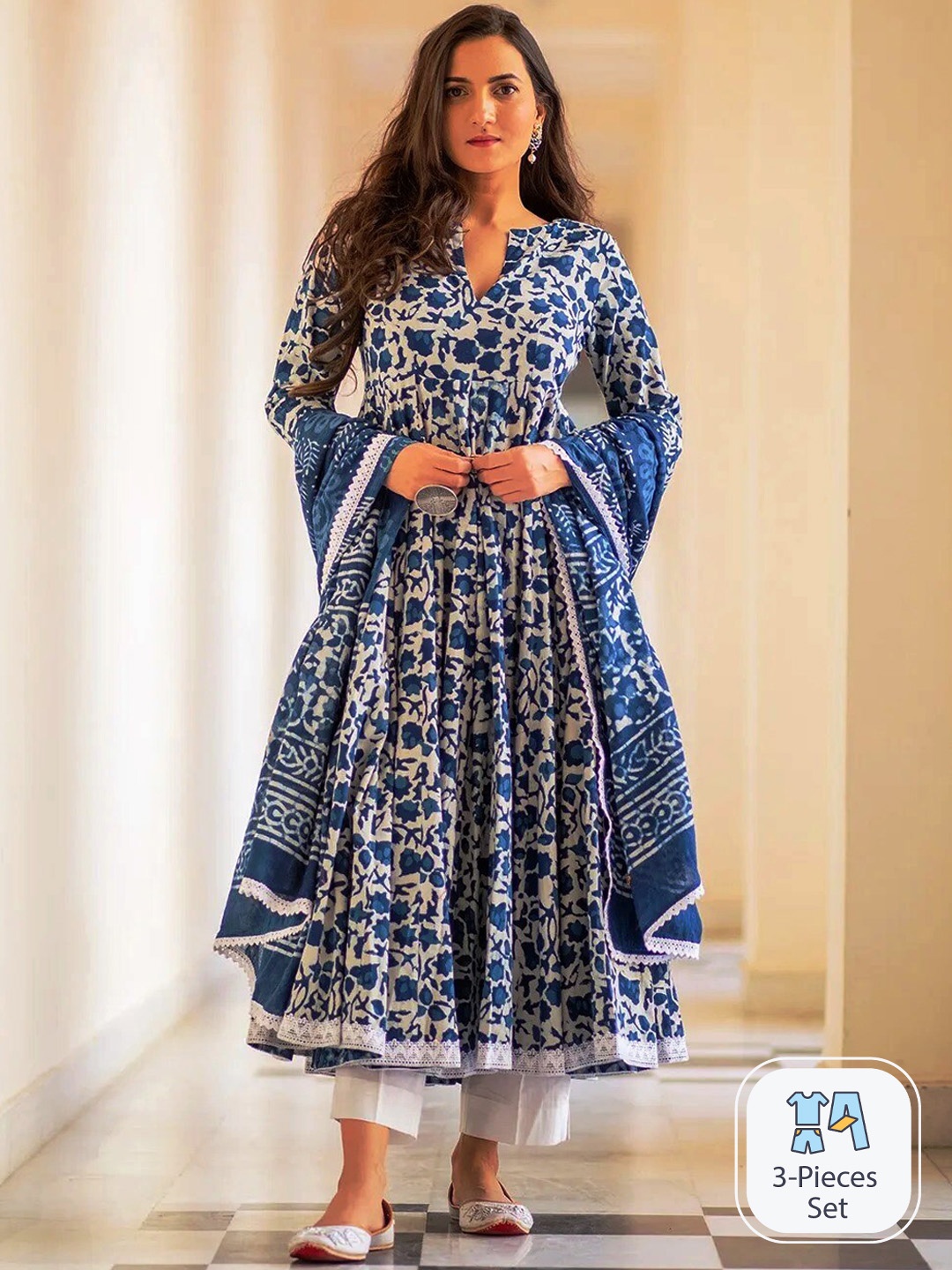 

KALINI Floral Printed Anarkali Kurta & Trousers With Dupatta, Blue