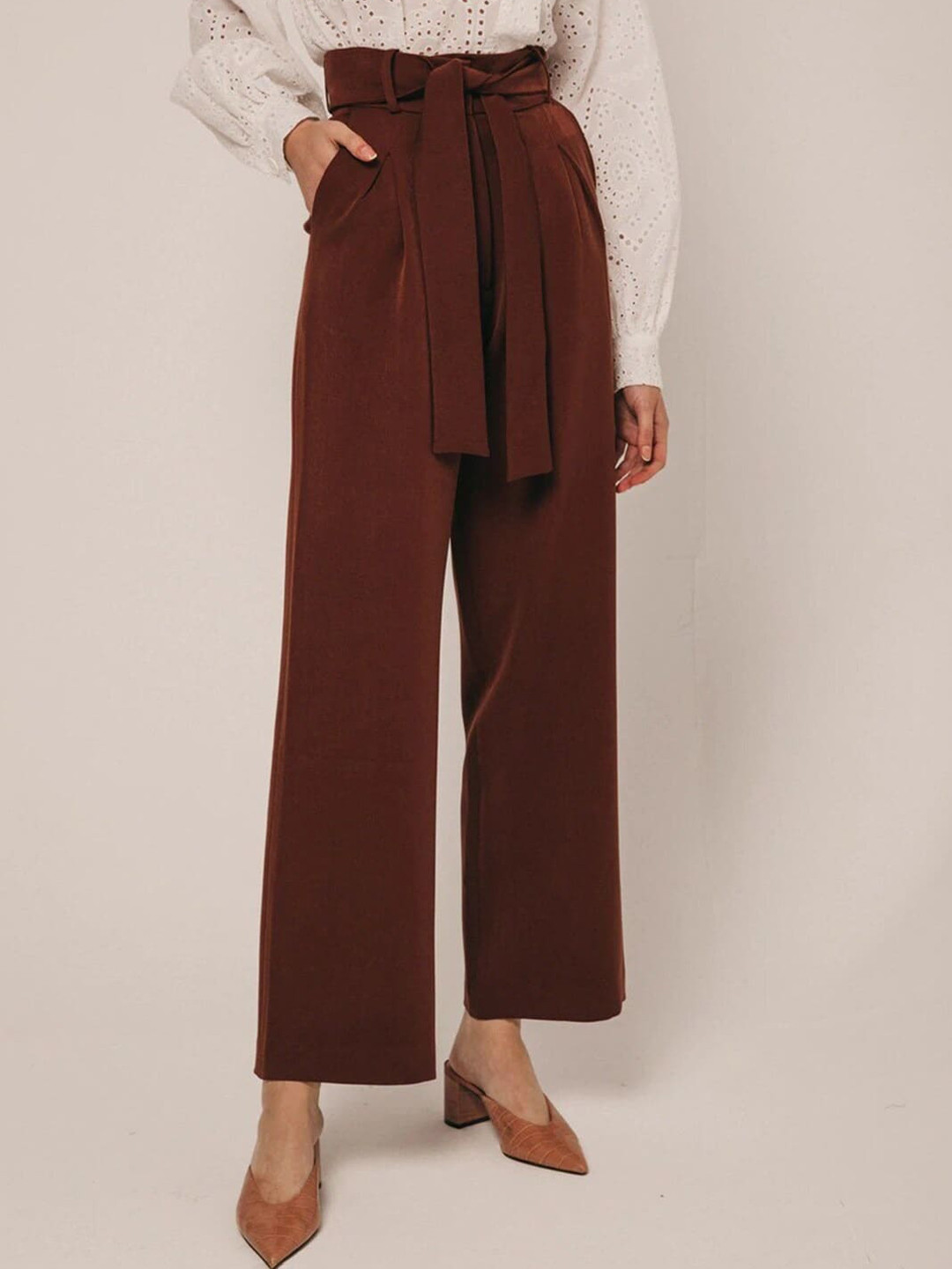 

KHUSHBOO AND PANKAJ Women Smart Straight Fit High-Rise Pleated Parallel Trousers, Brown