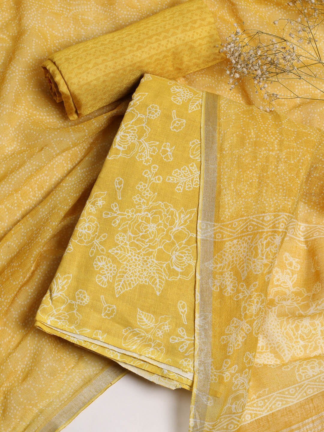 

Meena Bazaar Floral Printed Linen Unstitched Dress Material, Yellow