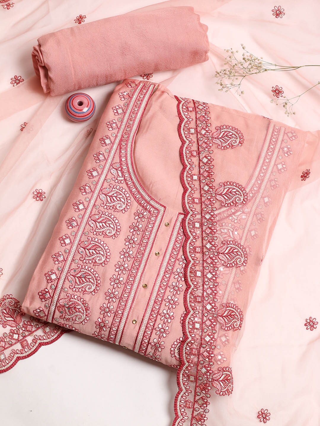 

Meena Bazaar Paisley Embroidered Unstitched Dress Material, Pink