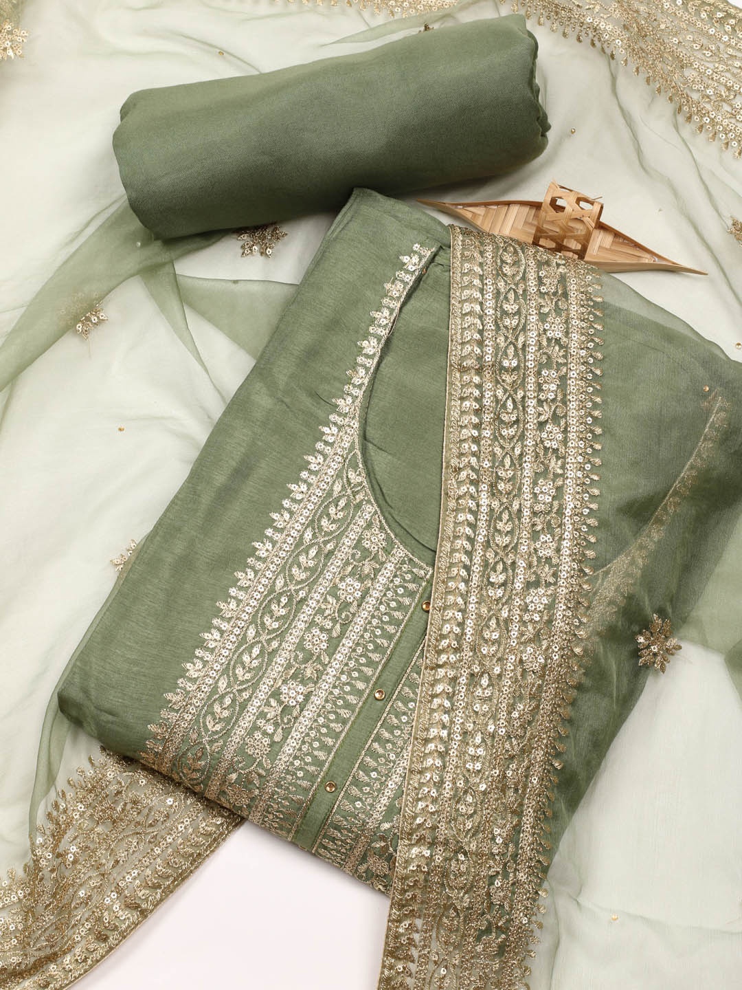 

Meena Bazaar Floral Embroidered Sequinned Unstitched Dress Material, Green