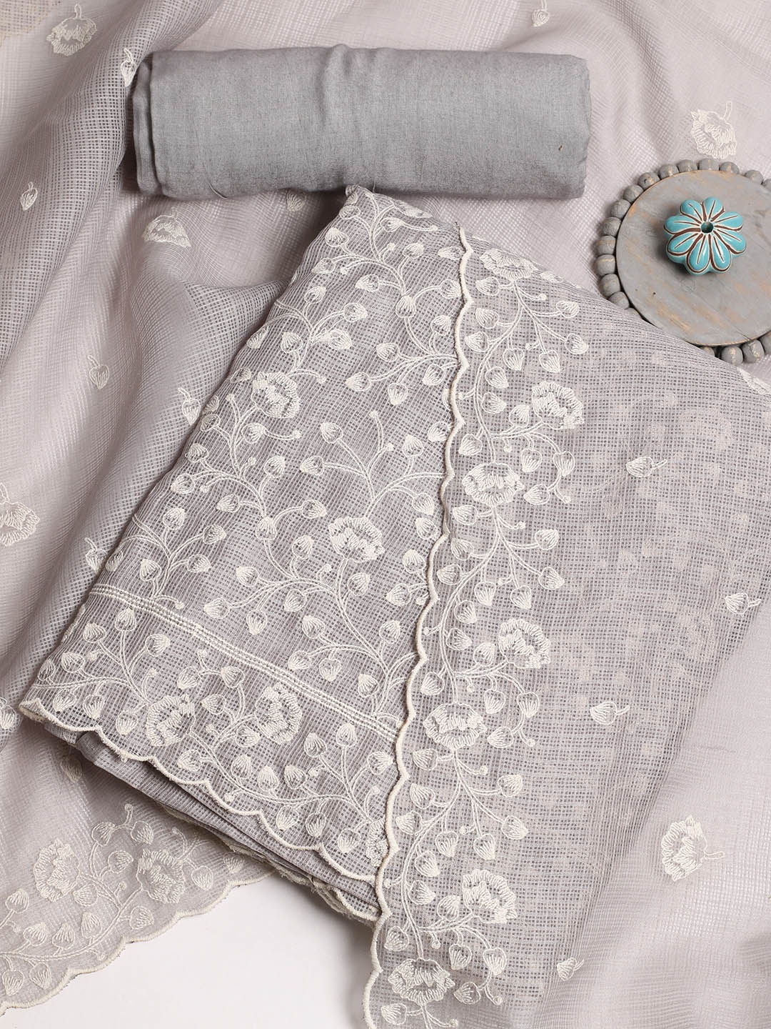 

Meena Bazaar Floral Embroidered Unstitched Dress Material, Grey