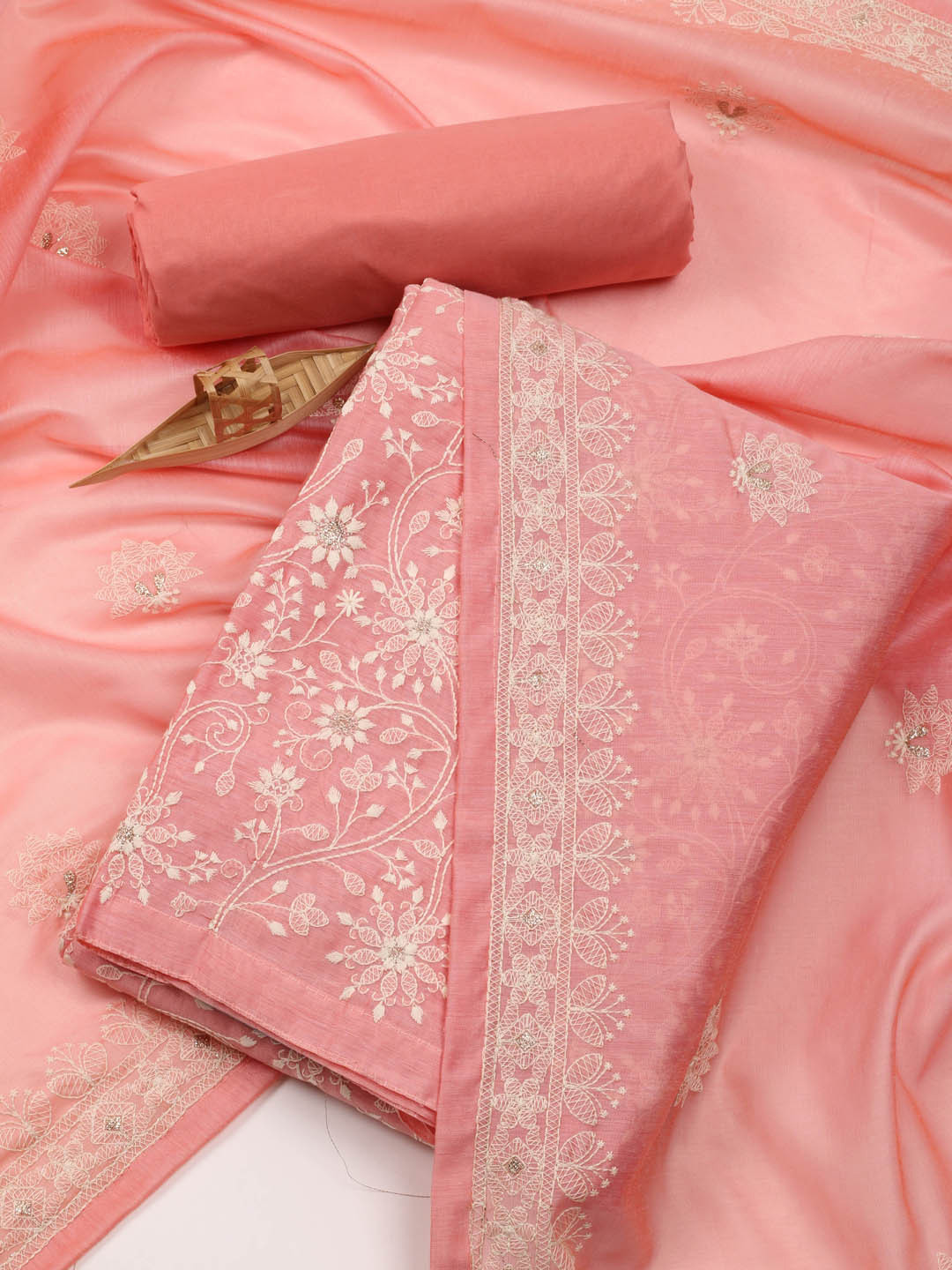 

Meena Bazaar Floral Embroidered Unstitched Dress Material, Pink
