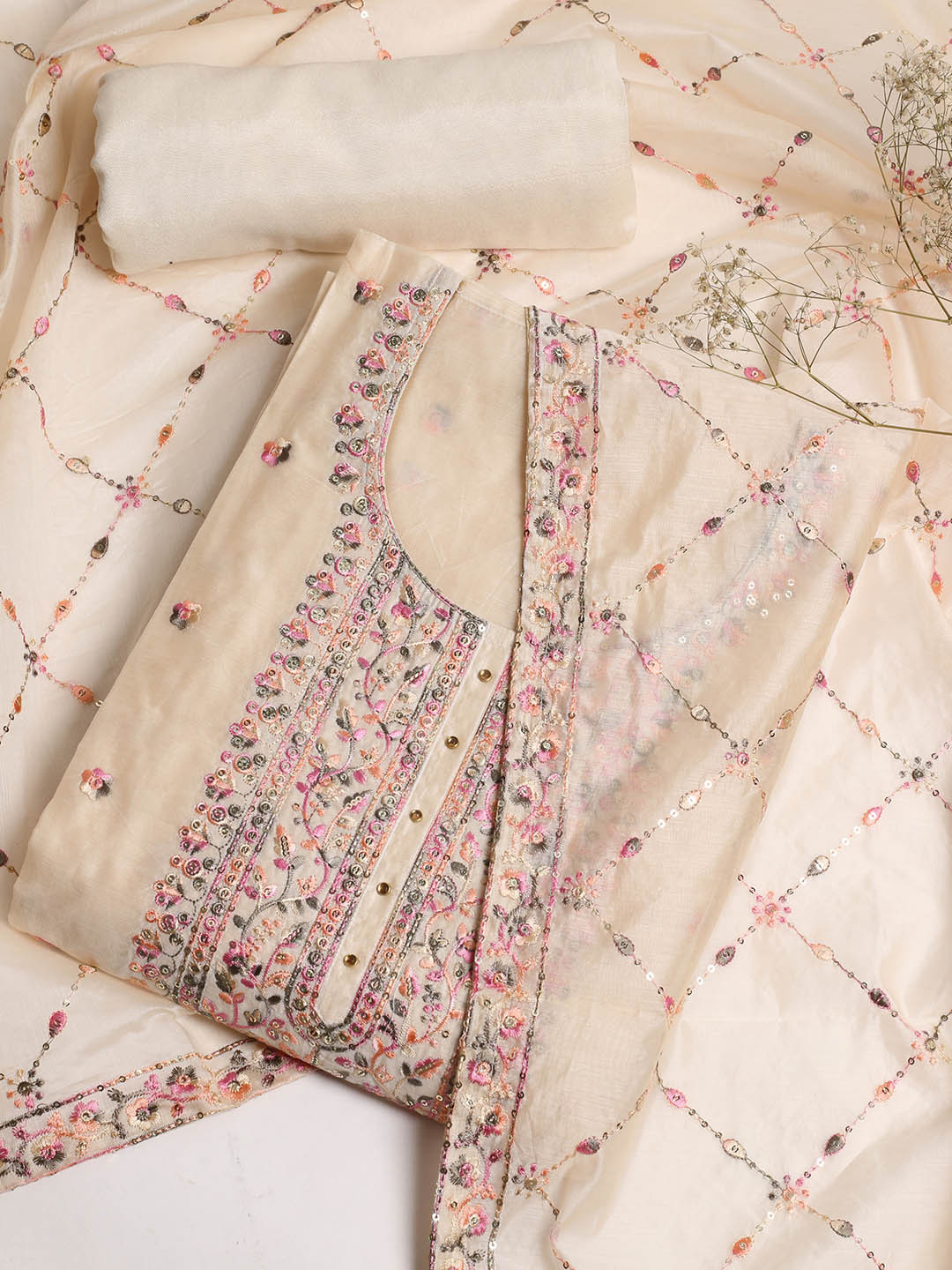 

Meena Bazaar Floral Embroidered Unstitched Dress Material, Cream