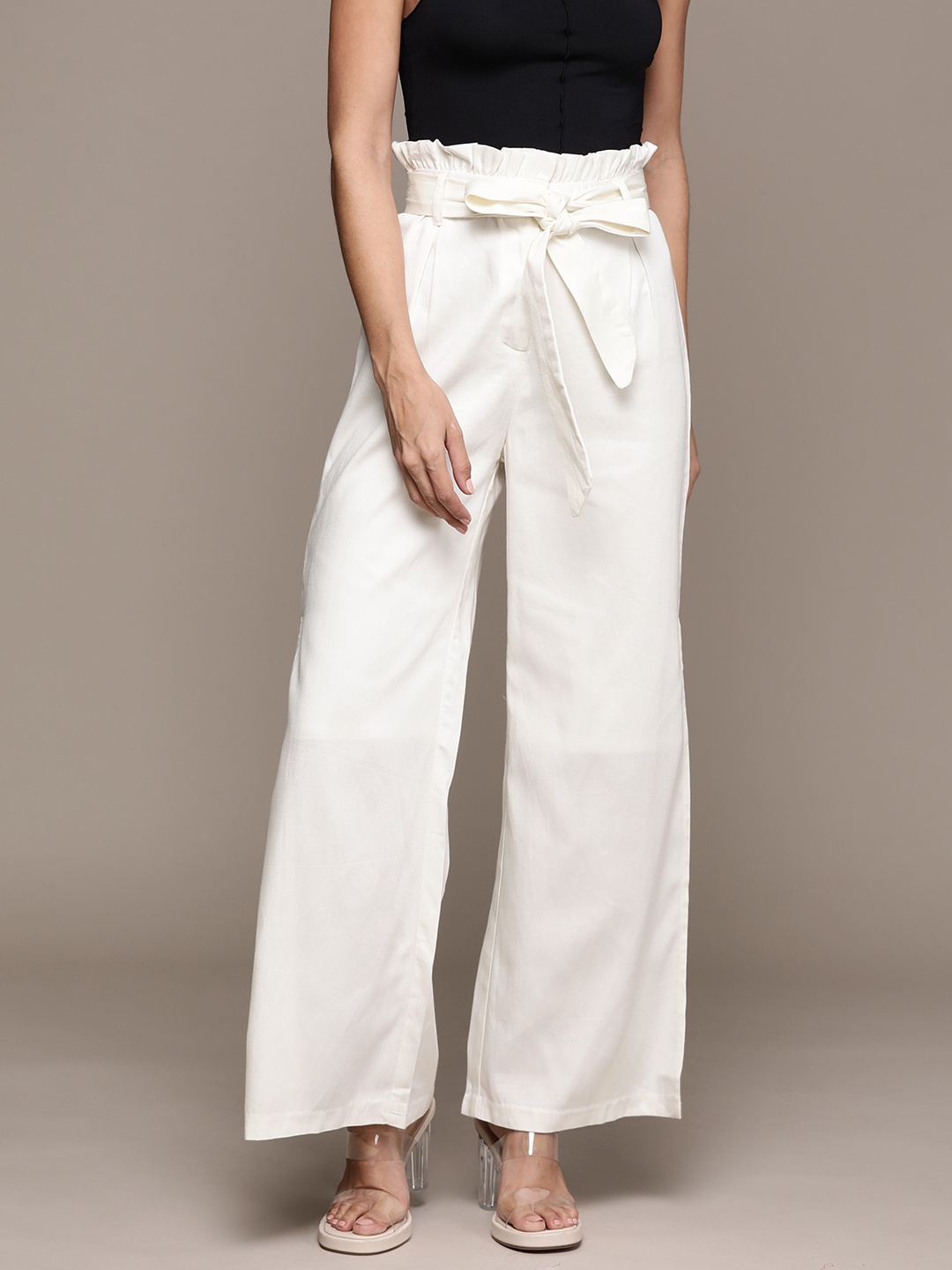 

bebe Women Season Staples Paper Bag Belted Trousers, Off white