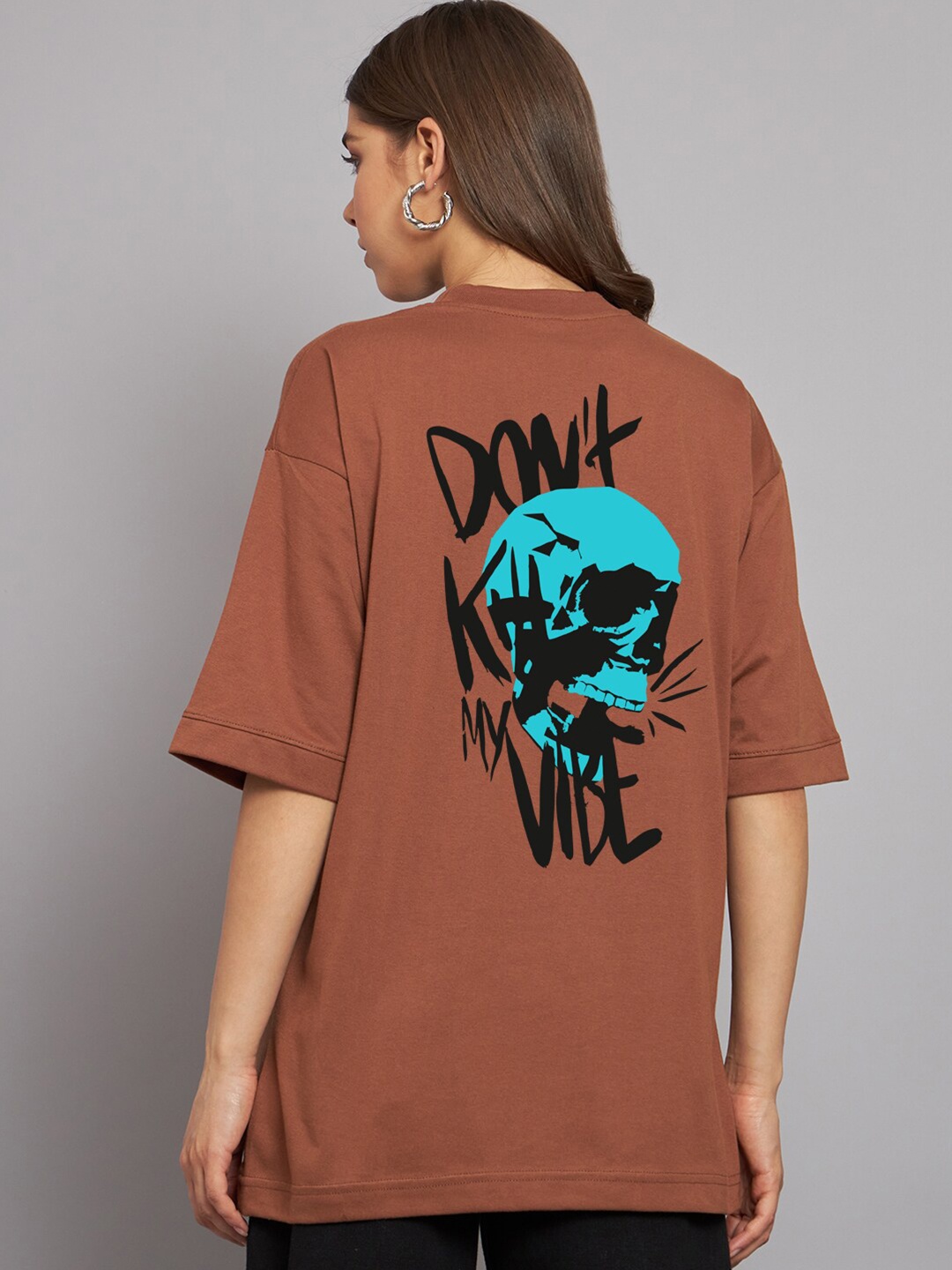 

Imsa Moda Graphic Printed Oversized Longline Cotton T-shirt, Coffee brown